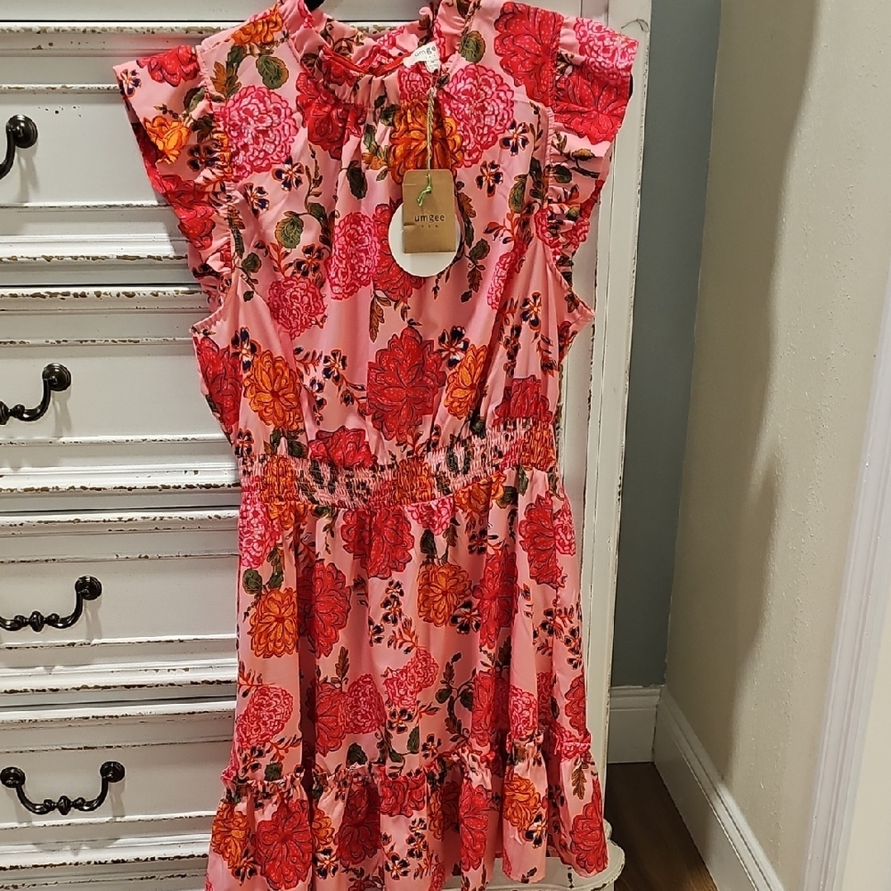 Umgee Orange Red Flutter Sleeve Sundress Casual